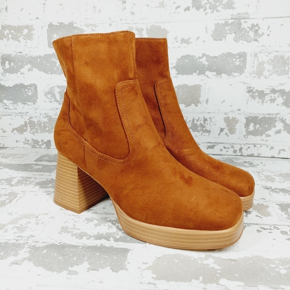 New BP Keyla Platform Brown Faux Suede Chunky Bootie X58 - Picture 4 of 13